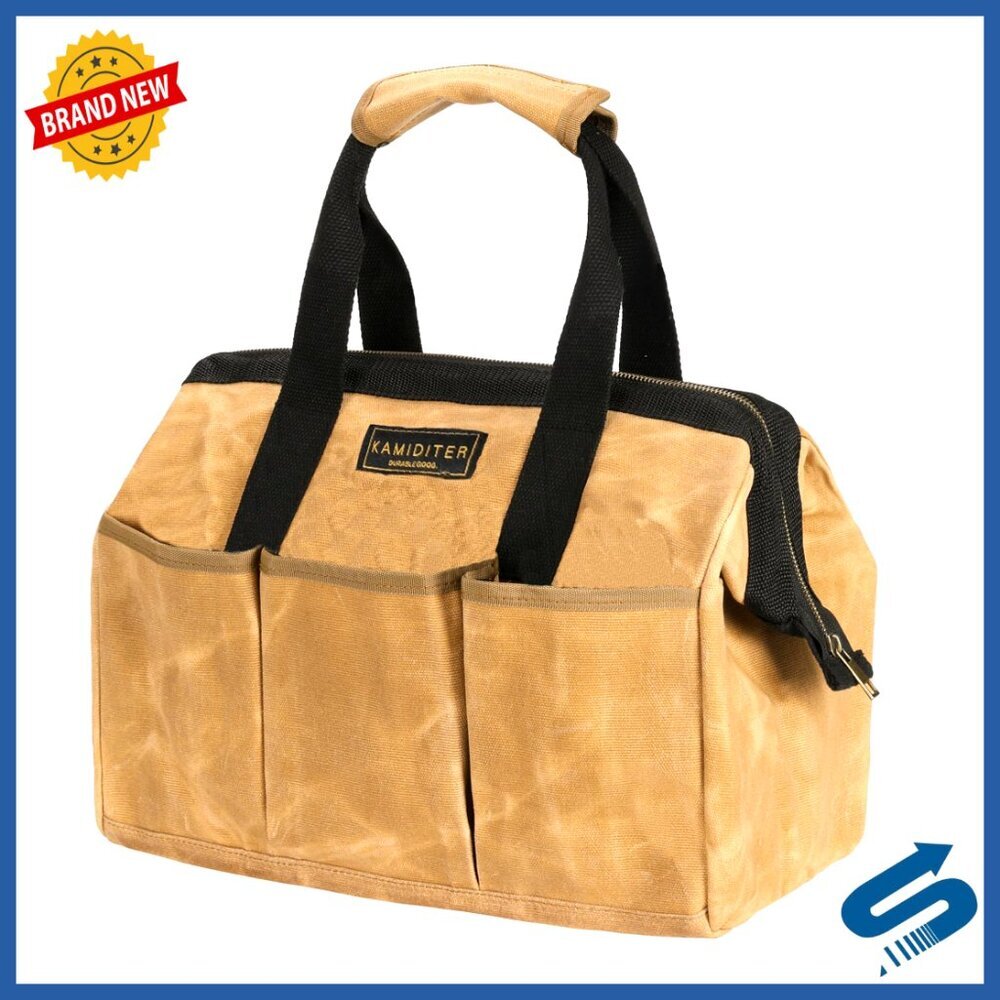 Large Waxed Canvas Tool Tote Bag Wide Mouth Open Top Organizer Heavy Duty